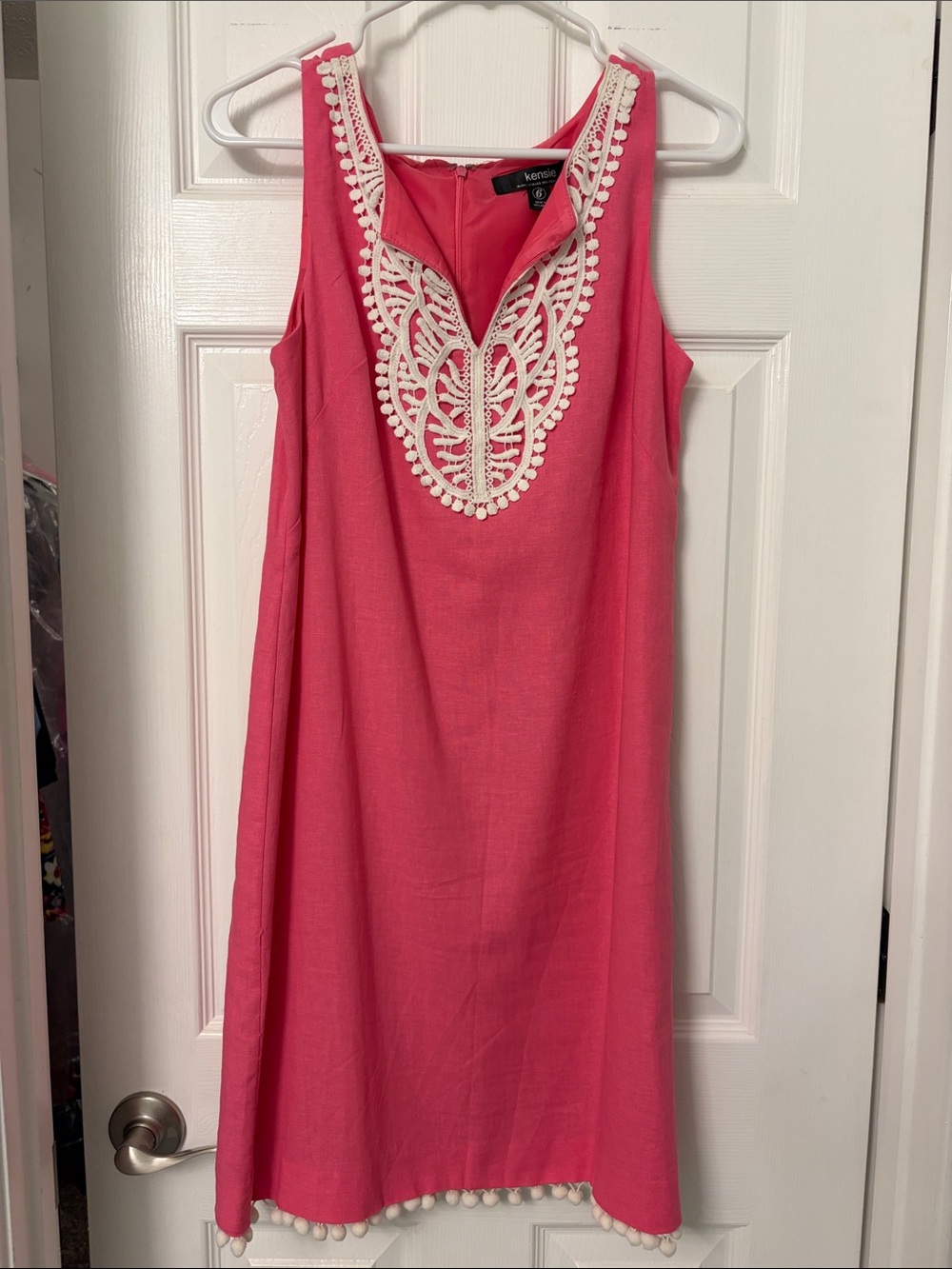 Kensie Coral Pink Sleeveless Shift Dress with White Embroidered Neckline